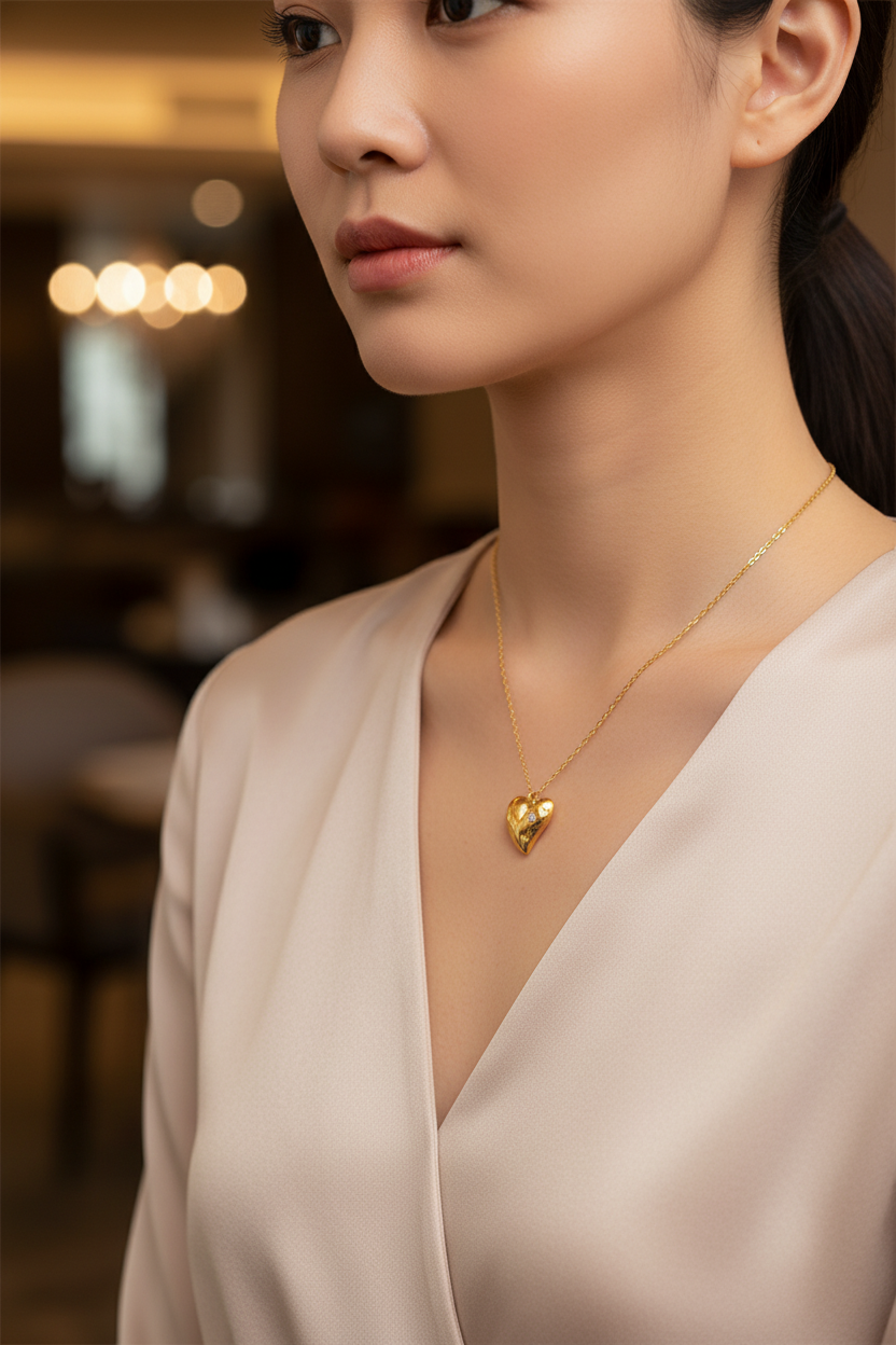 Collier cœur doré porté par une femme,  acier inoxydable 316L - KENVIA