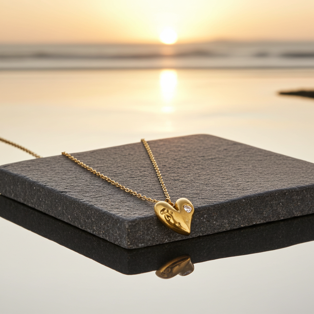 Collier cœur zirconium acier inoxydable 316L doré posé sur surface pendant un coucher de soleil - KENVIA