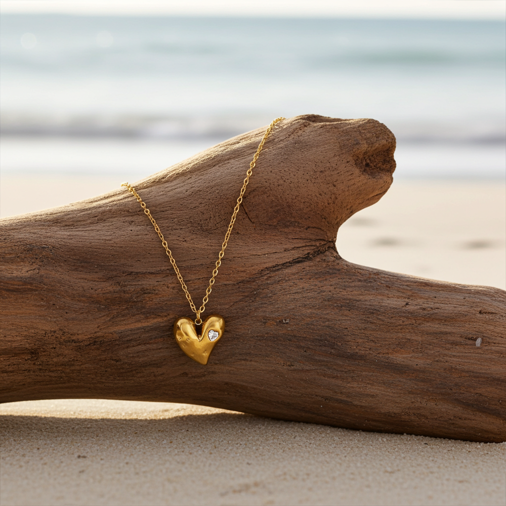 Pendentif cœur doré avec zirconium, finition dorée acier inoxydable 316L sur une branche de bois flotté - KENVIA