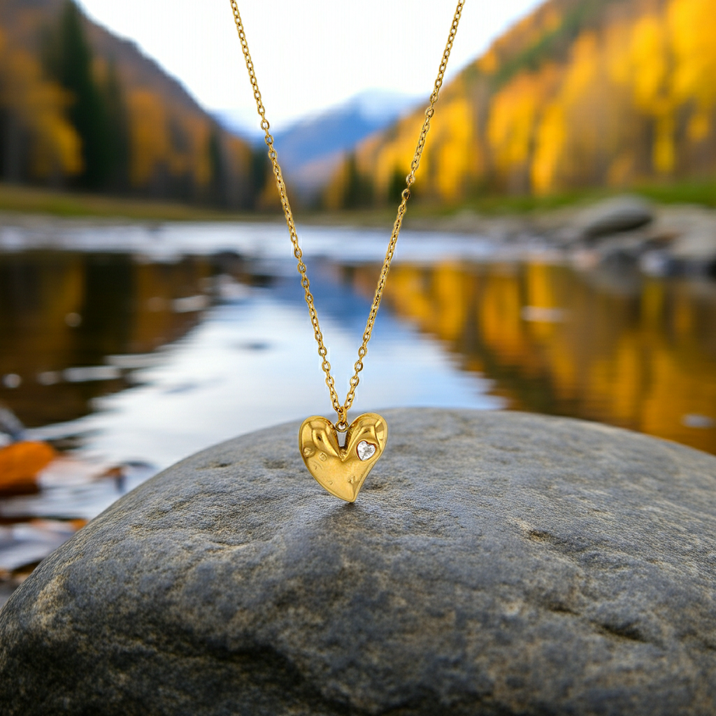 Collier cœur en acier inoxydable 316L doré, pendentif zirconium, livraison France - KENVIA