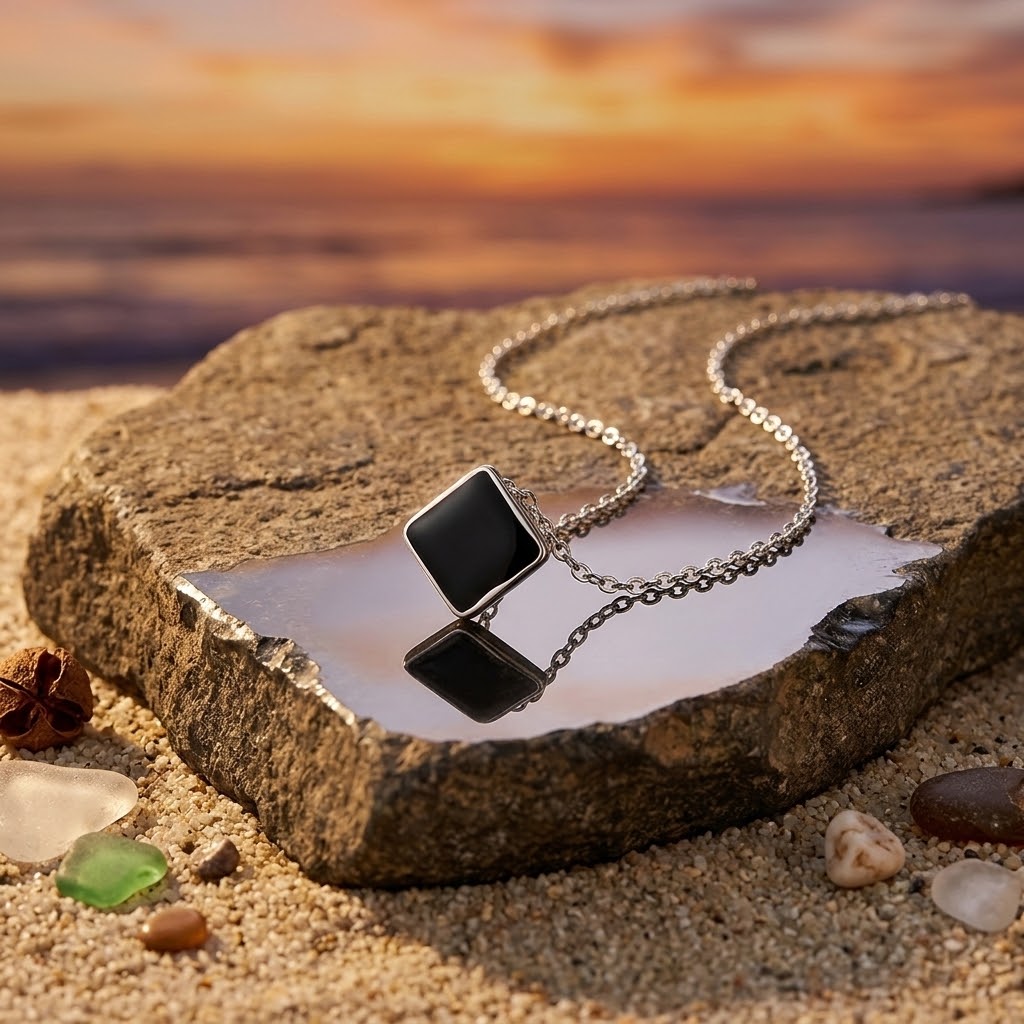 Collier à pendentif losange noir présenté dans une composition avec un paysage au coucher du soleil en arrière-plan -KENVIA
