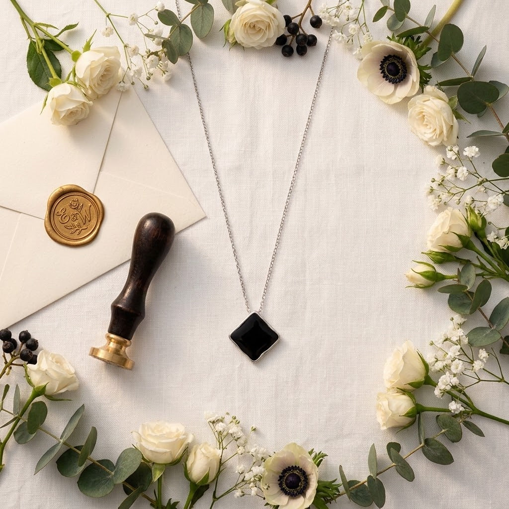 Collier à pendentif losange noir présenté à plat dans une composition florale - KENVIA