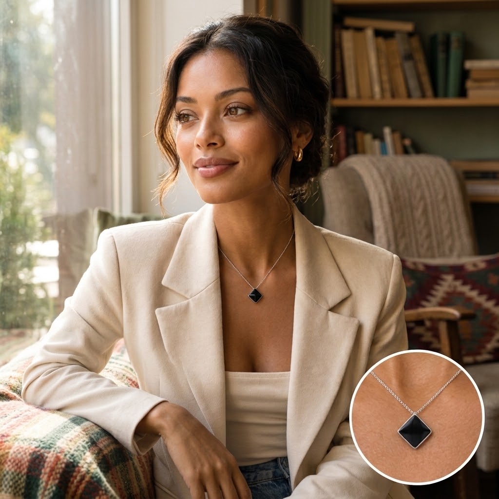 Portrait d’une femme en veste claire portant le collier à pendentif losange noir - KENVIA
