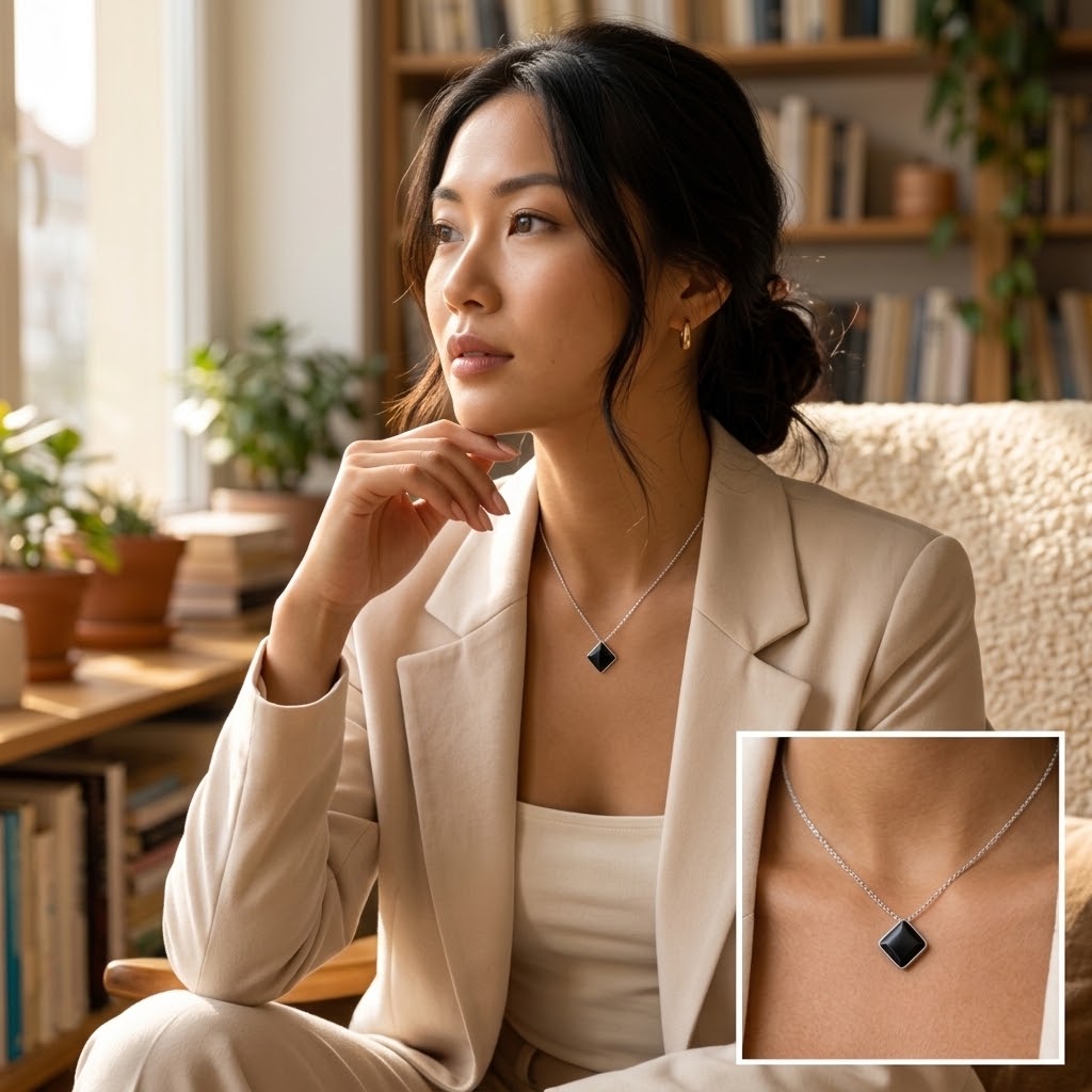 Femme portant le collier losange noir avec une veste claire, assise près d’une fenêtre - KENVIA