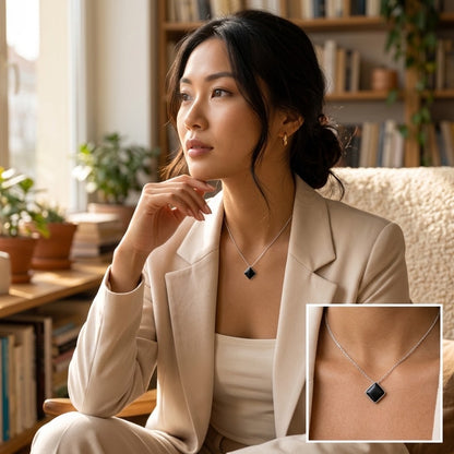 Femme portant le collier losange noir avec une veste claire, assise près d’une fenêtre - KENVIA