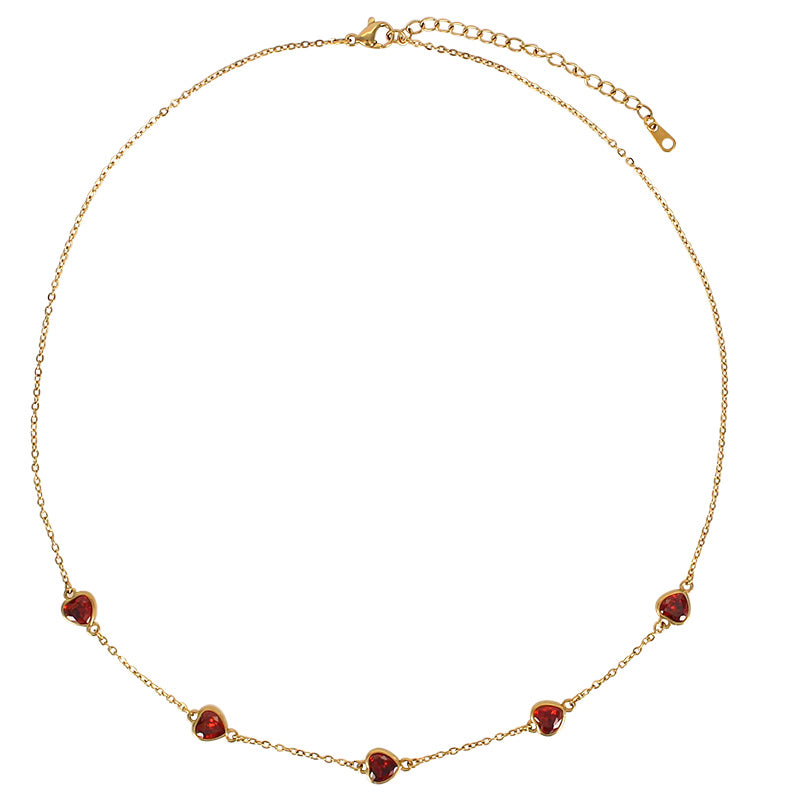 Collier 5 oxydes teintés rouge en forme de cœur, acier inoxydable 316L doré