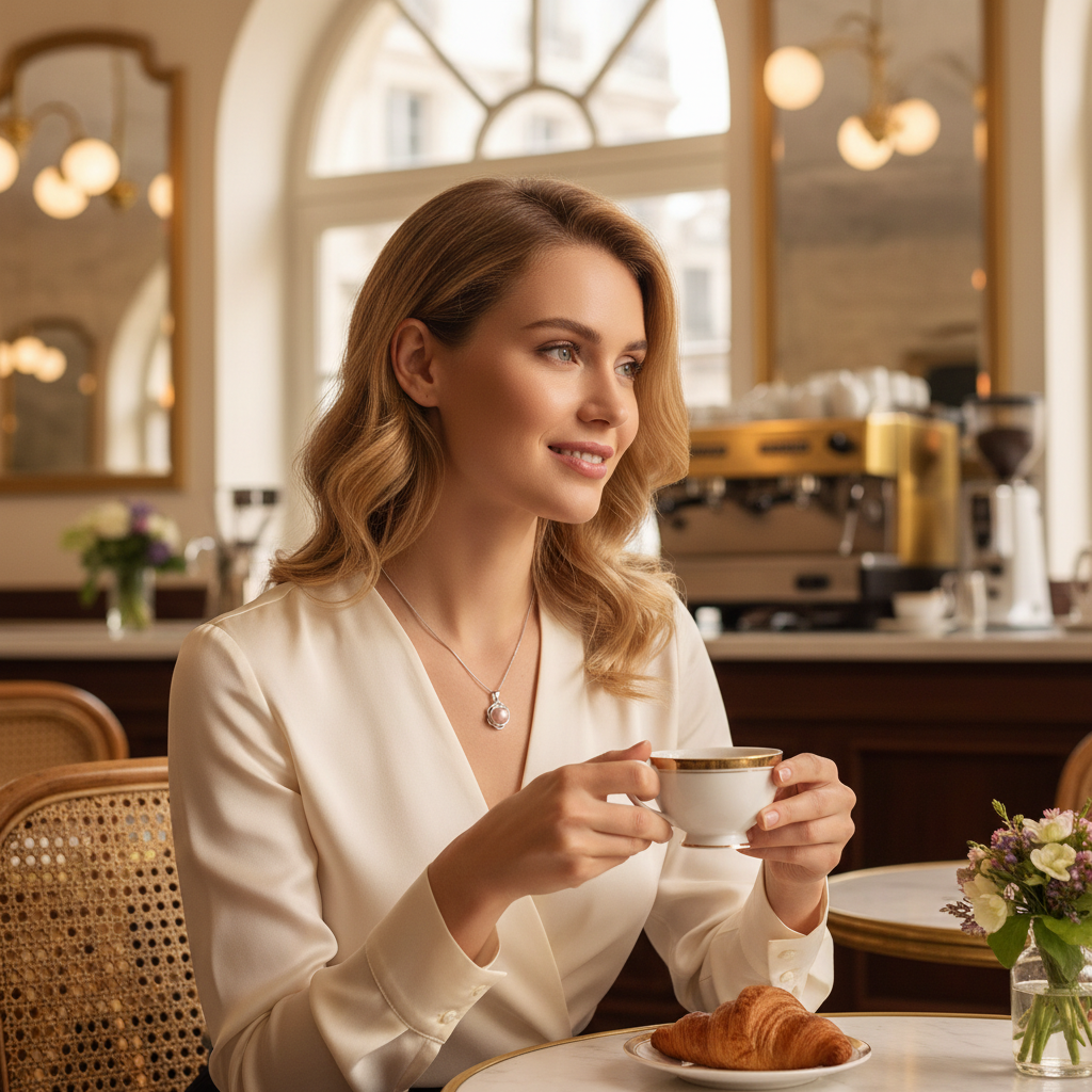 Collier perle rose Perlinea – vue café parisien bijou femme chic