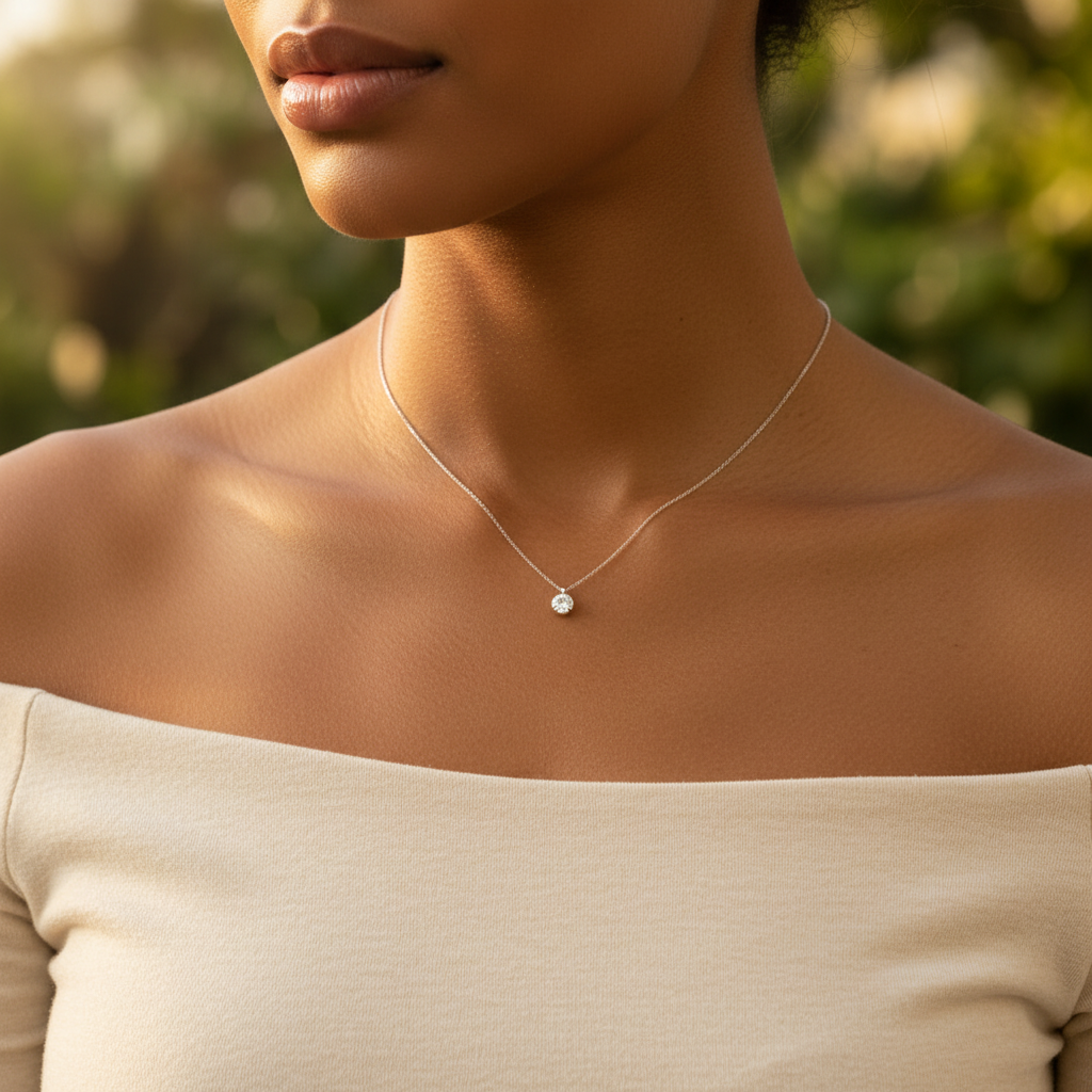 Collier solitaire argent 925 chaîne maille forçat - vue porté 3