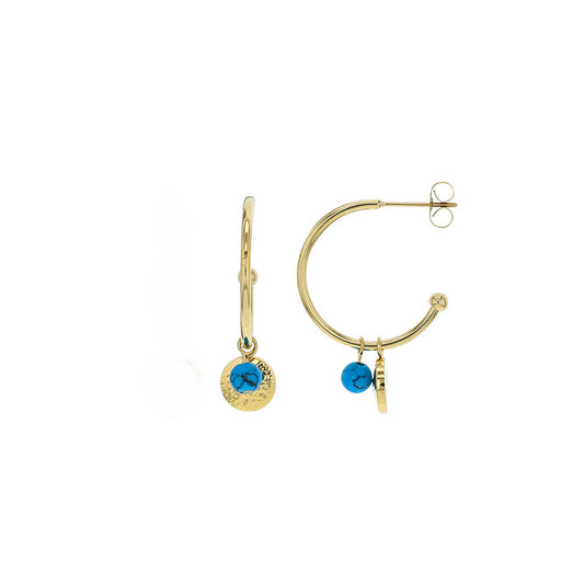 Demi-créoles dorées avec pendentif martelé et pierre synthétique imitation turquoise - KENVIA