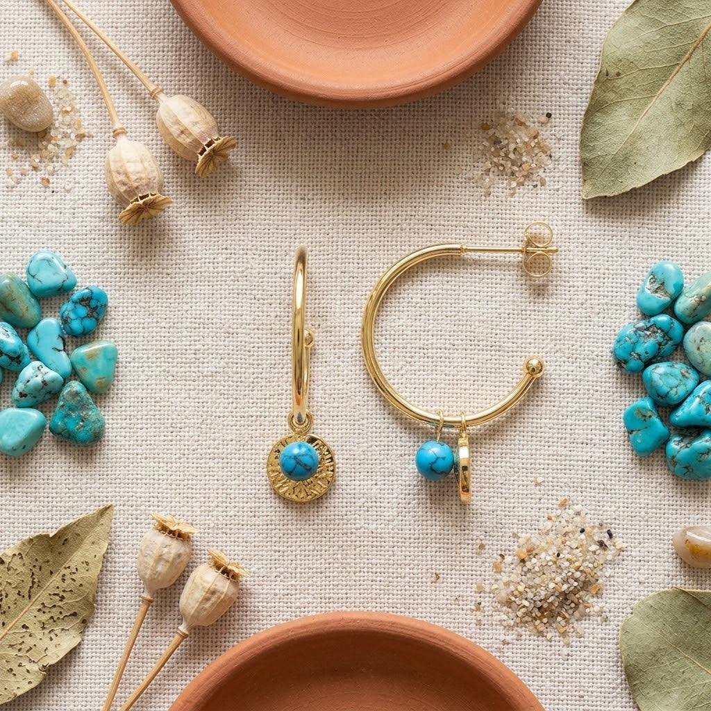 Demi-créoles dorées avec pierre imitation turquoise présentées avec différents produits naturels - KENVIA