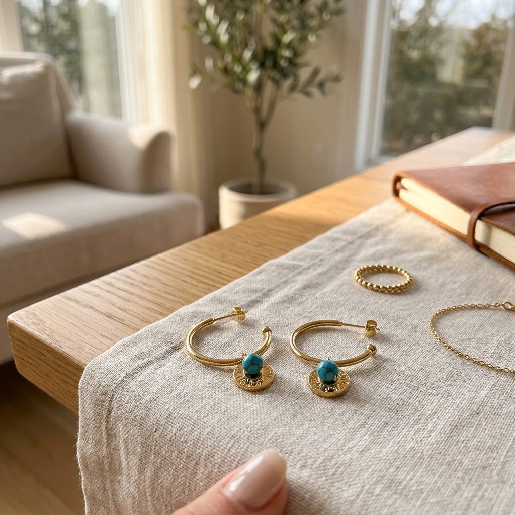 Demi-créoles dorées avec détail turquoise présentées sur une table de séjour - KENVIA