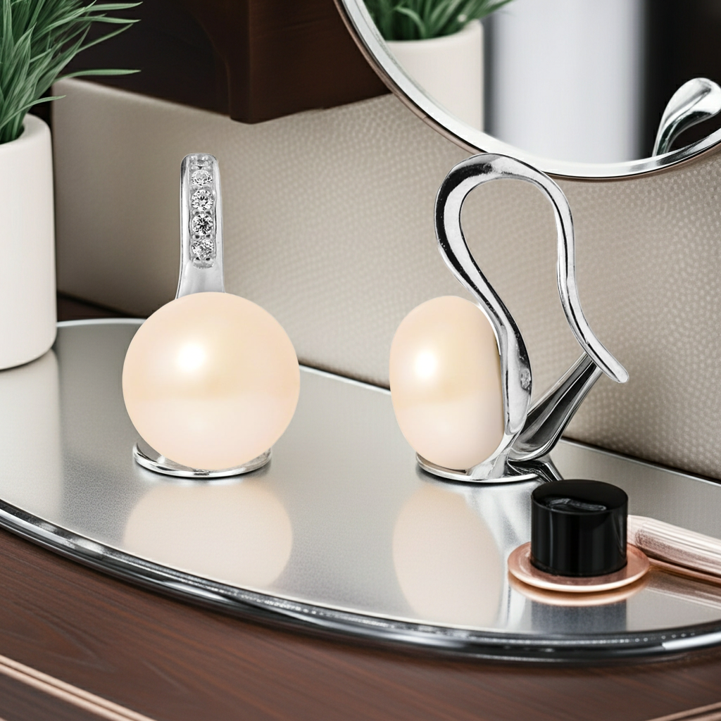 Boucles d'oreilles perles roses argent 925 – vue de face et de profil