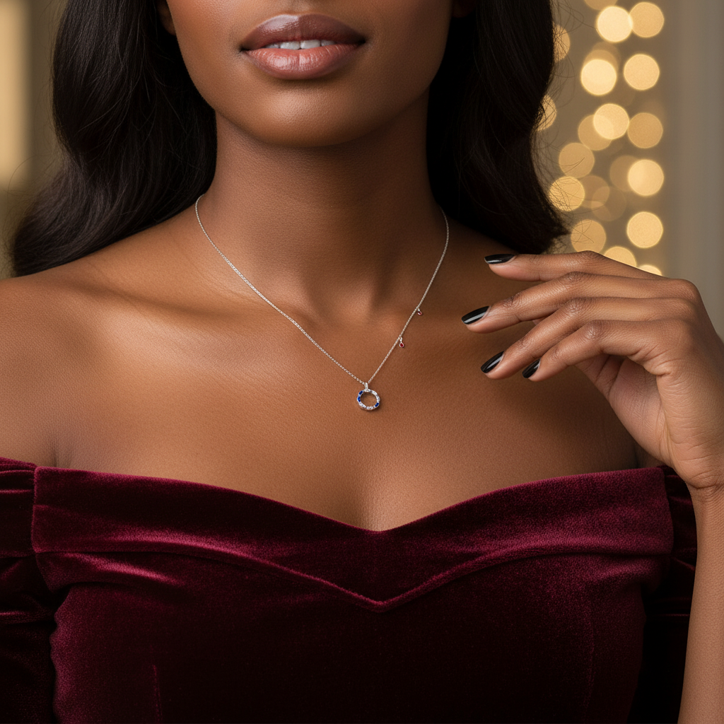 Collier cercle argent 925 et zirconium porté par une femme en robe bordeaux – KENVIA