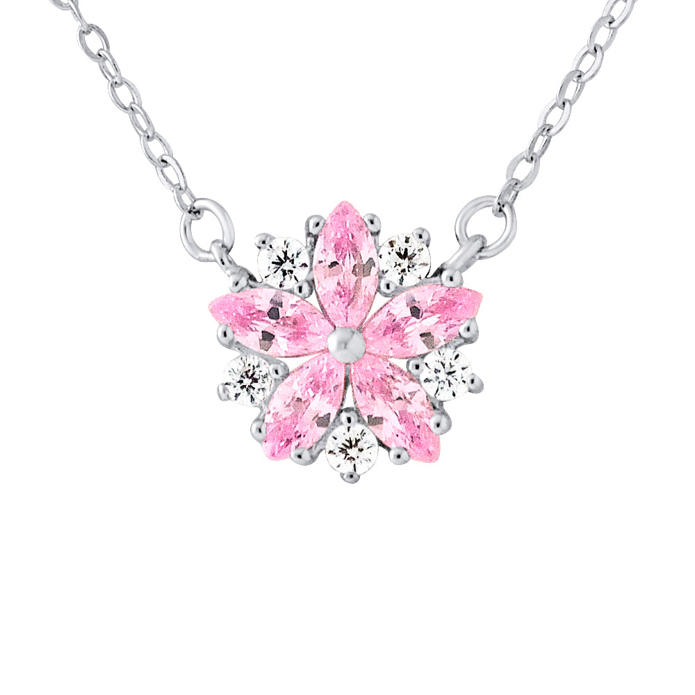Collier fleur pétales rose avec oxydes de zirconium roses et blancs, argent 925 – vue de face – Kenvia