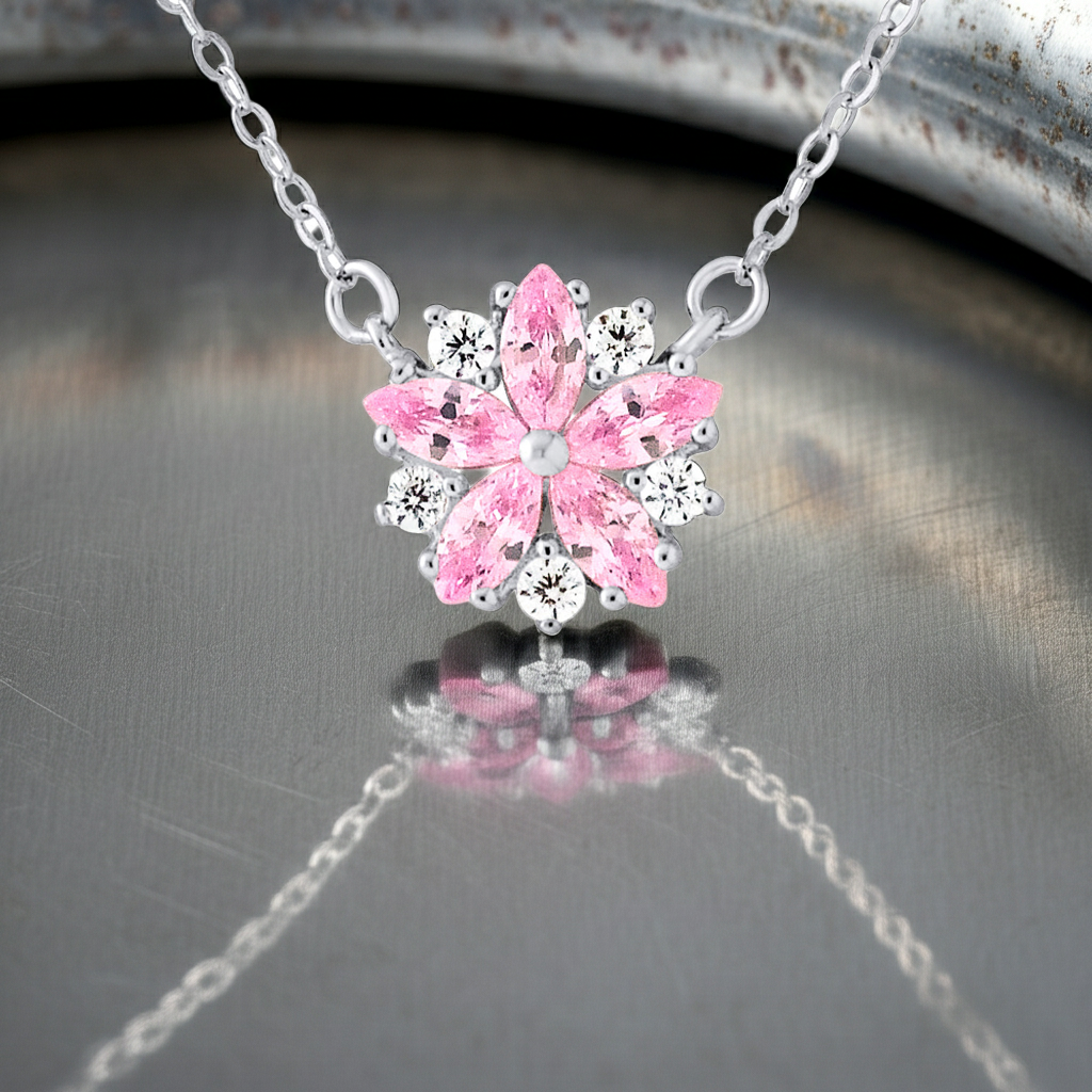 Collier pendentif fleur rose en argent 925 avec zirconium, fond metal – Kenvia