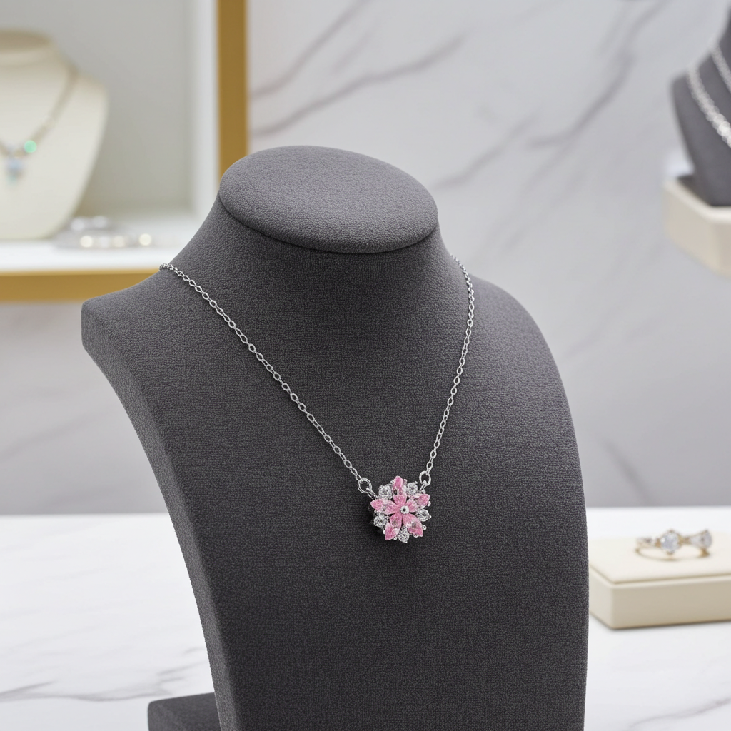 Collier fleur zirconium rose et blanc argent 925 – packshot produit – Kenvia