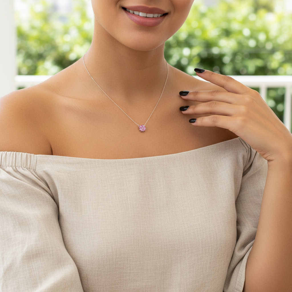 Vue portée sur le pendentif fleur rose serti de zirconium blanc et rose, chaîne maille forçat argent 925 – Kenvia