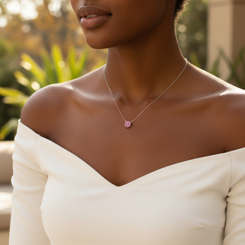 Vue porté du collier fleur pétales rose en argent 925 millièmes – Kenvia