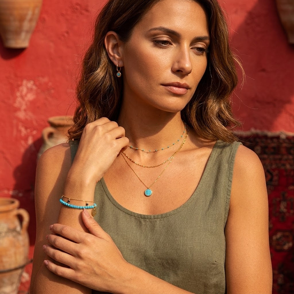 Femme portant des demi-créoles dorées avec pendentif turquoise et sa parure   dans un look élégant - KENVIA