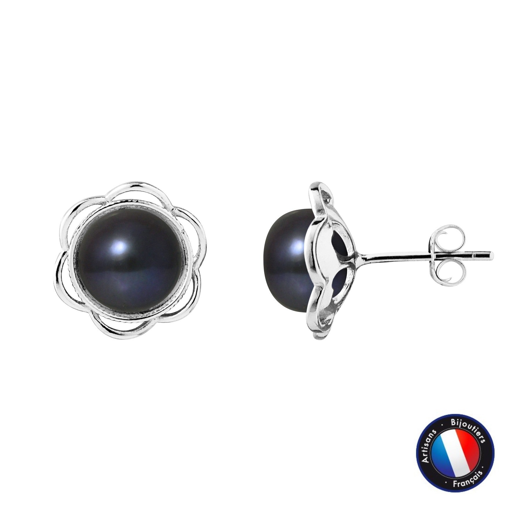 Boucles d'oreilles fleur perles noires Tahiti 8-9mm argent 925 – vue principale | Perlinea Kenvia