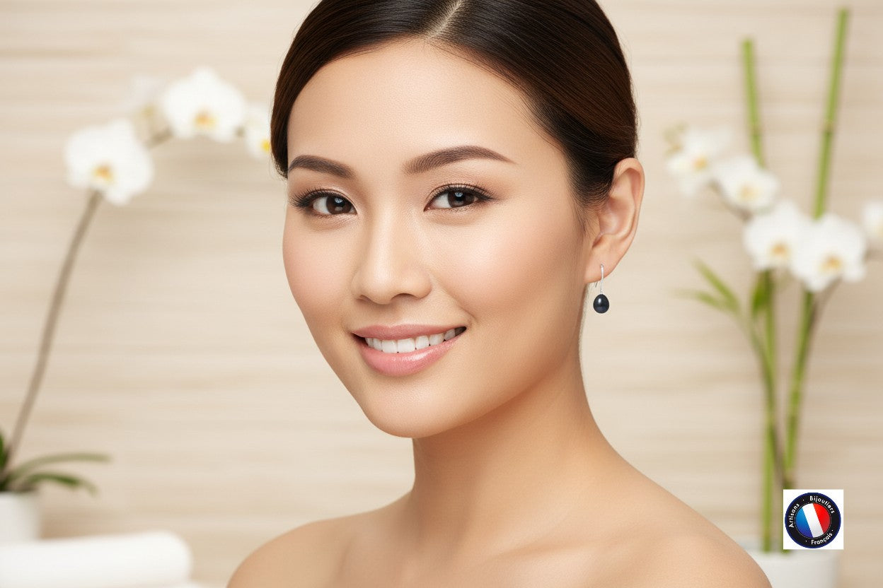 Boucles d'oreilles poire perle Black Tahiti or blanc 9K – vue 3 | Perlinea Kenvia