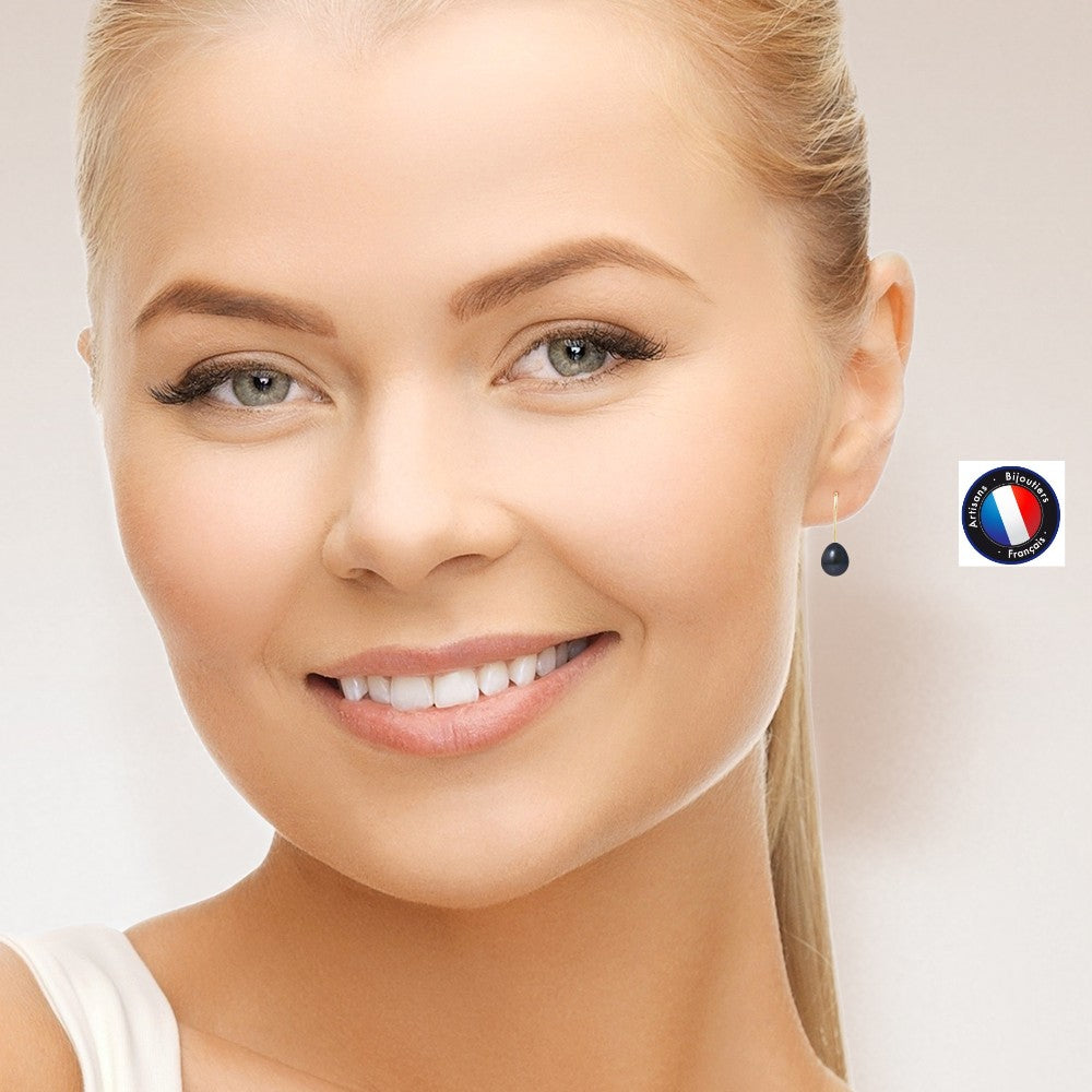 Boucles d'oreilles perles noires Tahiti 7-8mm or jaune 9K – vue 2 | Perlinea Kenvia