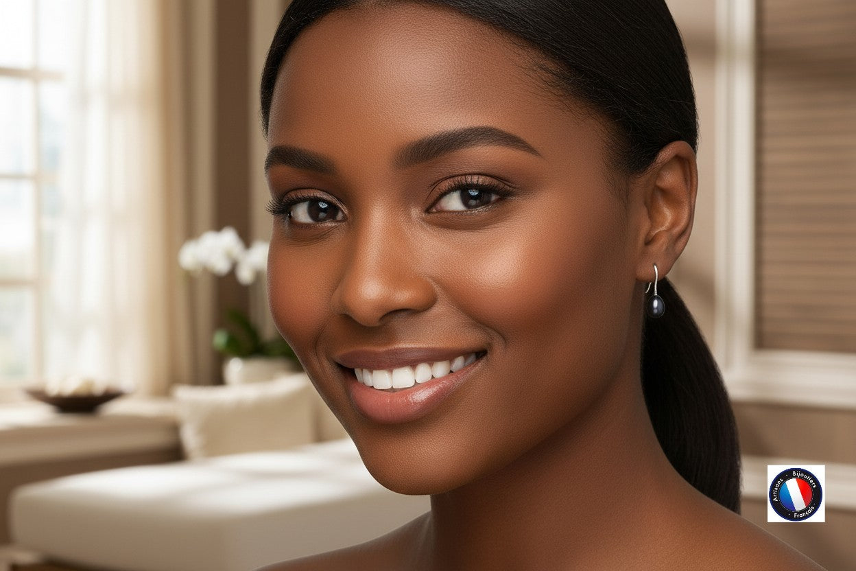 Boucles d'oreilles poire perle Tahiti 7-8mm or blanc 9K – vue 4 | Perlinea Kenvia