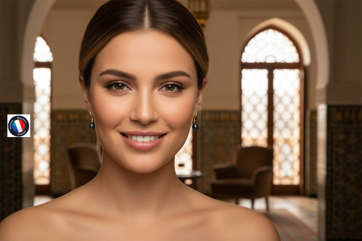 Boucles d'oreilles perles Black Tahiti or jaune 9K – vue 3 | Perlinea Kenvia