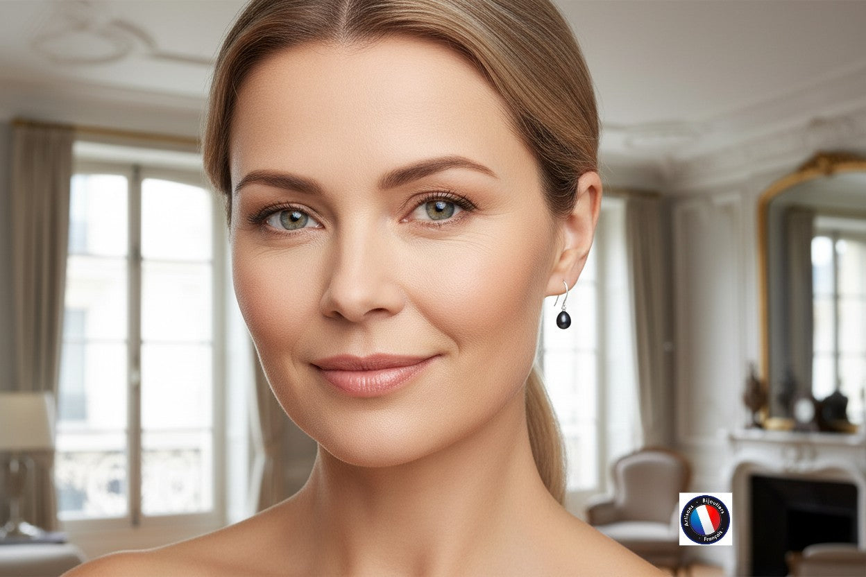 Boucles d'oreilles poire perle Black Tahiti – vue 5 bijou femme | Perlinea Kenvia
