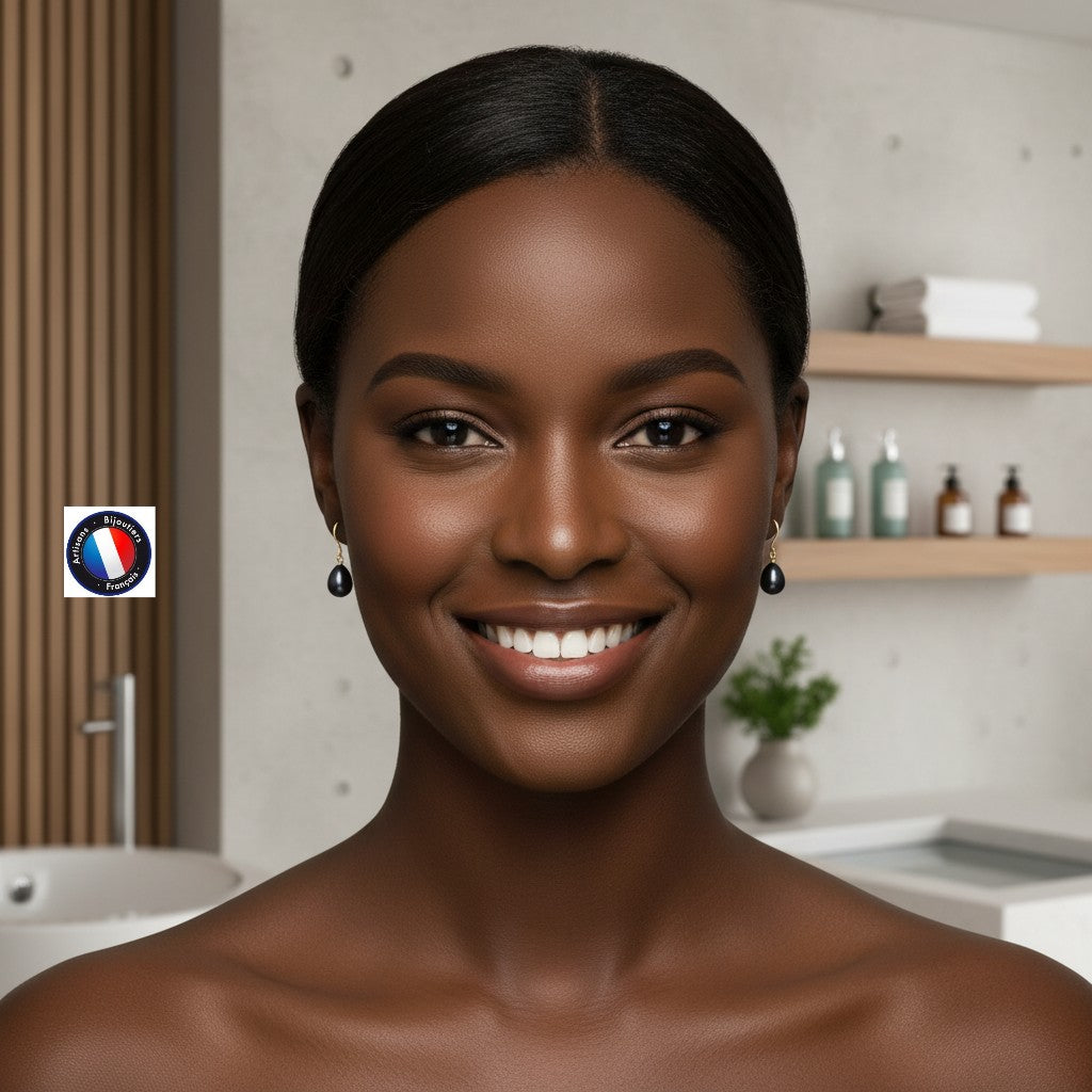 Boucles d'oreilles perles Black Tahiti or jaune 9K – vue 5 | Perlinea Kenvia