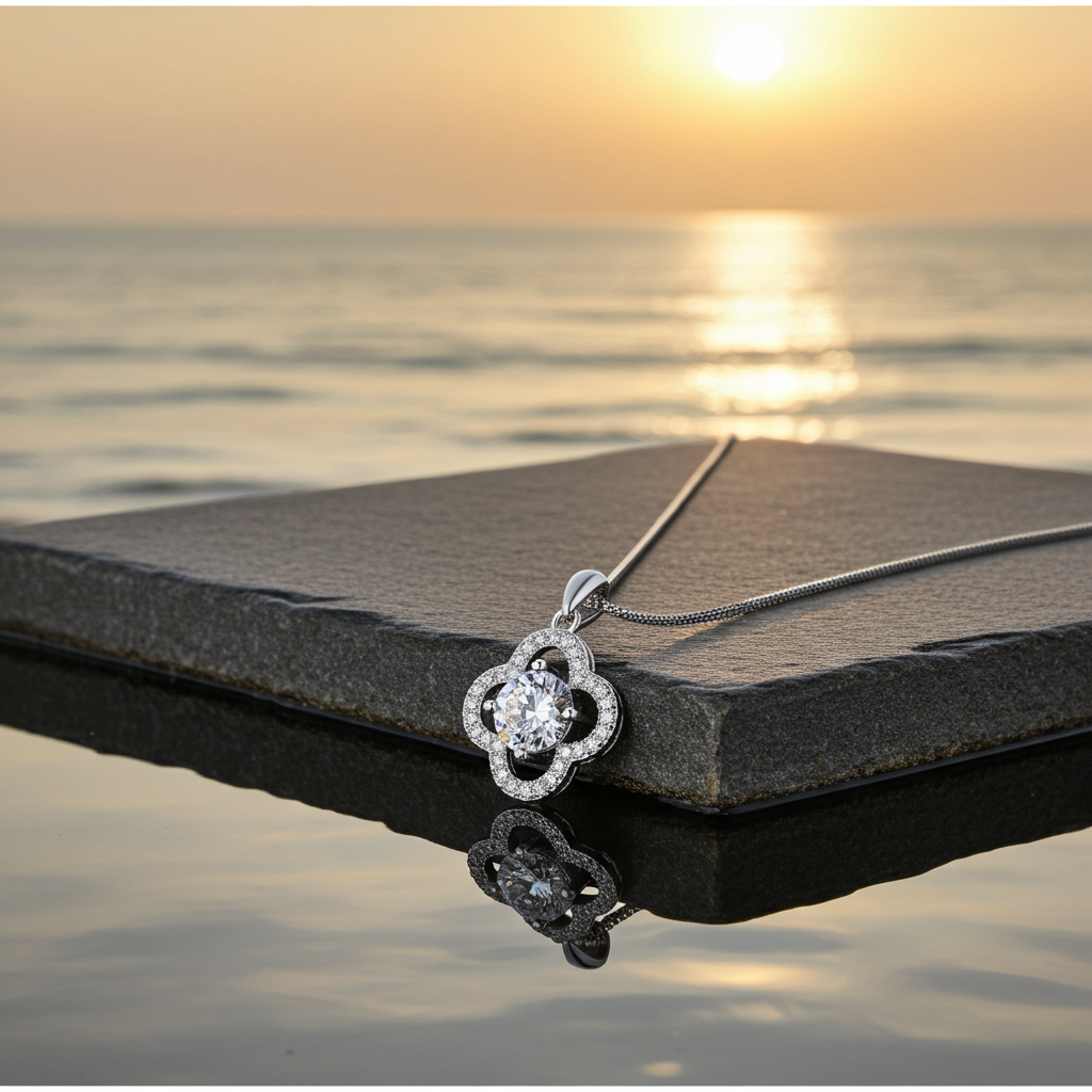 Collier trèfle argent 925 posé sur pierre – présentation cadeau bijou femme