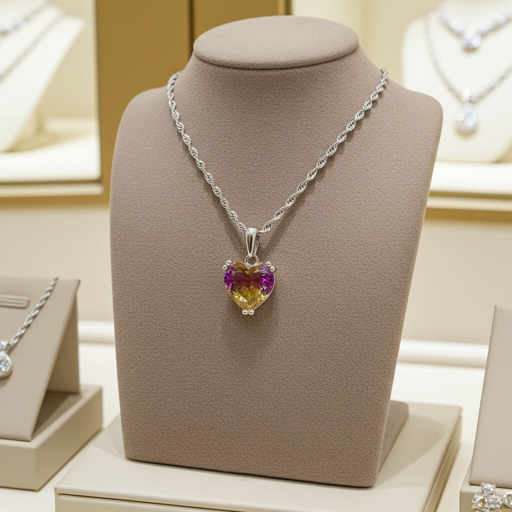 Collier cœur bicolore cristal violet et jaune porté sur présentoir – vue de face | kenvia